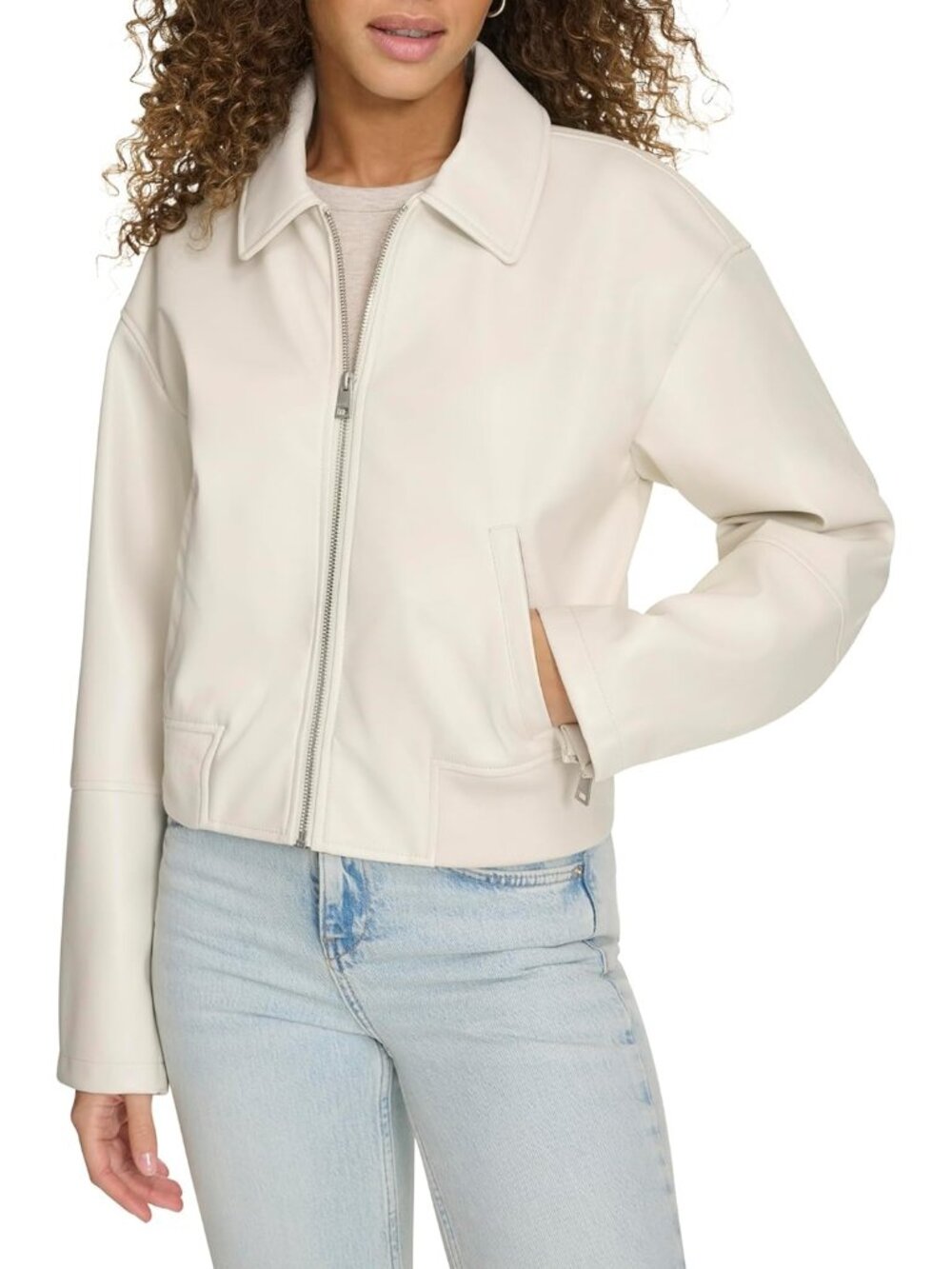 Women's Oyster Faux Leather Laydown Collar Two Hidden-Zipper Bomber Jackets